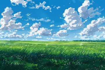 Fototapeta premium Beautiful digital art illustration of a lush green meadow with a bright blue sky and fluffy clouds. Concept of nature, peace, summer, and tranquility.