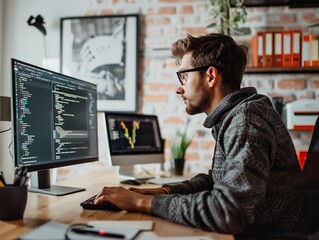 Fototapeta premium A focused programmer wearing glasses and a sweater coding at a modern desk with multiple monitors in a stylish office.