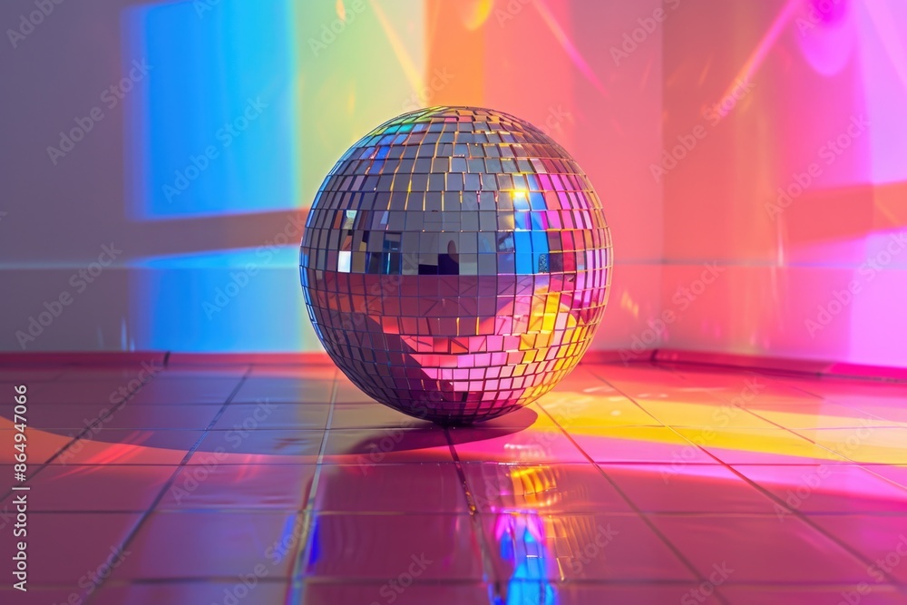 Poster a shiny disco ball sits on a tiled floor, waiting for the party to start