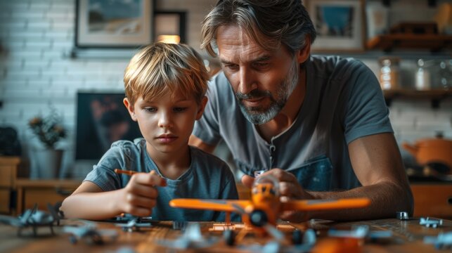 A father and son building a model airplane together