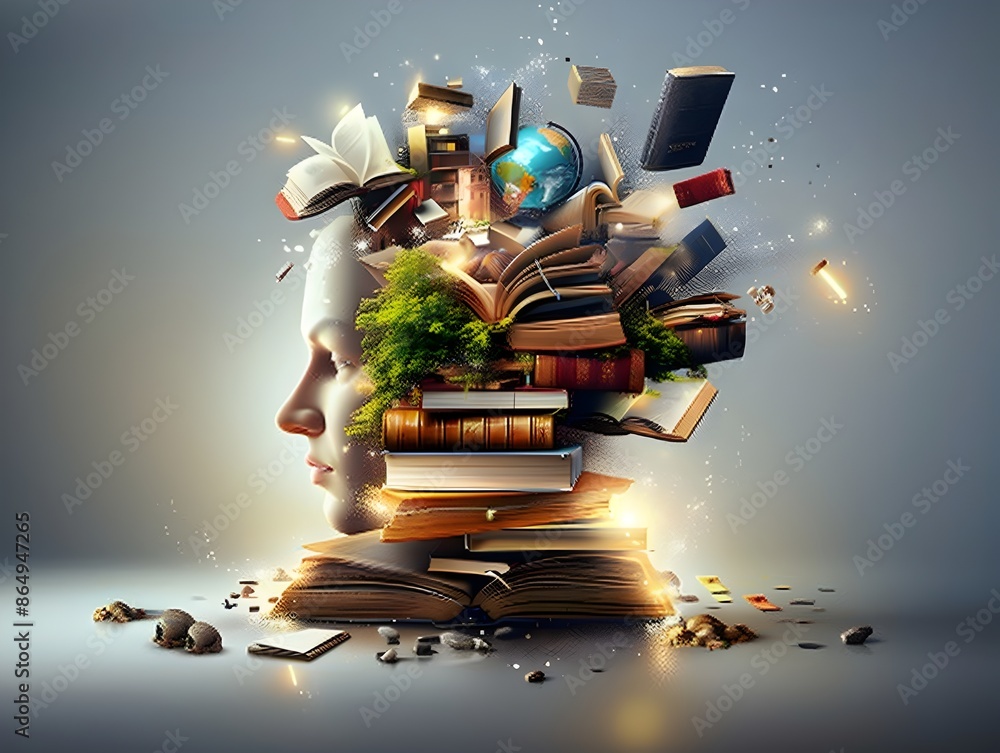 Poster of an expanding mind filled with accumulated knowledge and from reading and learning