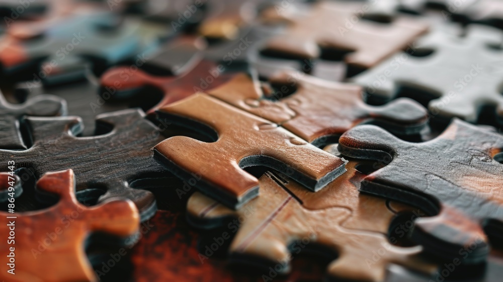 Poster A collection of puzzle pieces sitting on a table, great for illustrating creativity and problem-solving