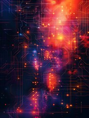 Fototapeta premium Pulsing Digital Code Wallpaper with Vibrant Bauhaus Inspired Polymer Panels and Luminescent Circuit