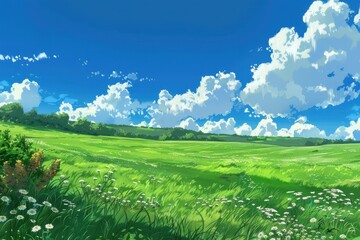 Obraz premium Peaceful green meadow landscape with white clouds and blue sky. Picturesque nature scene with lush green grass, wildflowers and rolling hills.