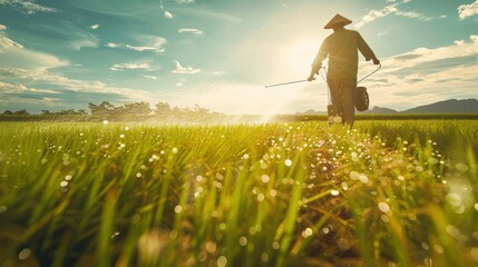 Fototapeta premium An Asian farmer sprays chemicals or fertilizer on a young green rice field with a machine