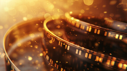 cinema illustration, film stocks in the air, light gold background, classic, minimal, film art wallpaper