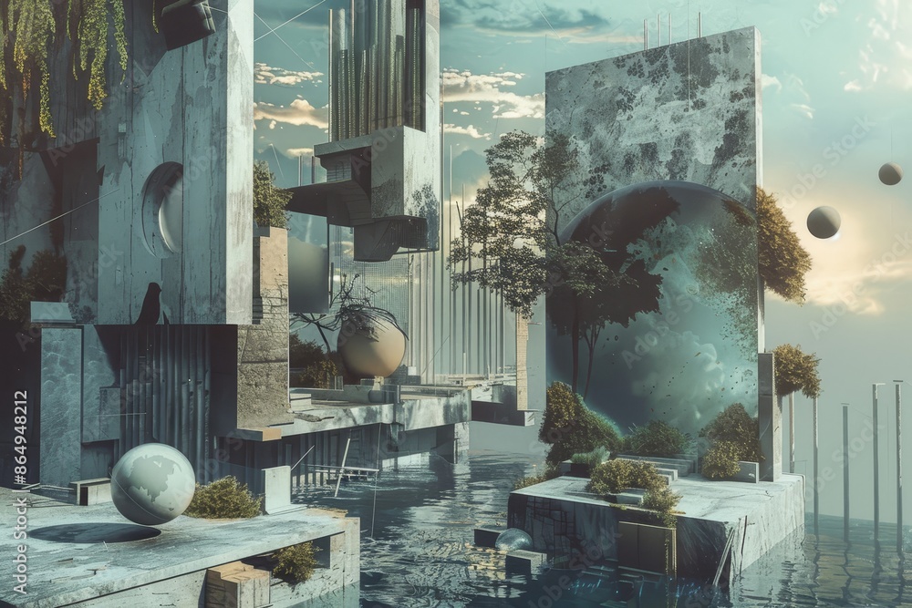 Poster futuristic cityscape with tall buildings, a surreal dreamlike composition with floating objects and 