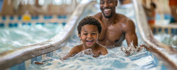 A joyful father and his young son play together on a waterslide at a water park, both smiling brightly as they splash into the water, capturing a moment of pure happiness.