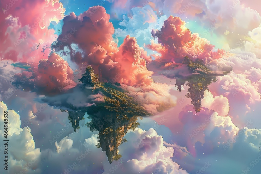 Poster a painting featuring a sky filled with clouds and trees in the foreground, a surreal dreamscape of f