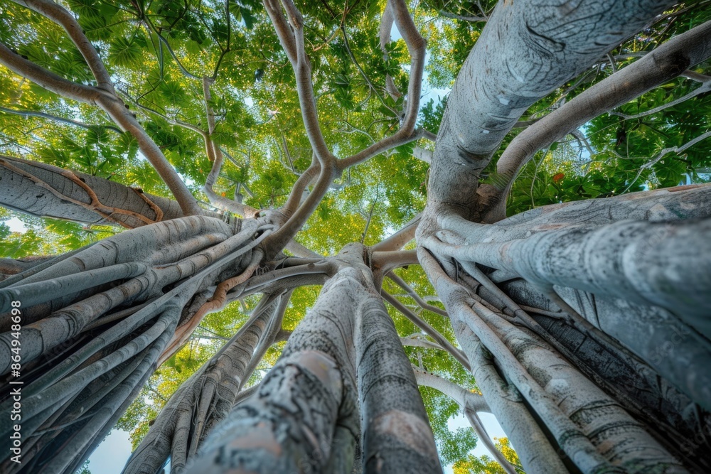 Poster a view up into the treetop canopy with sunlight filtering through leaves, great for nature or outdoo
