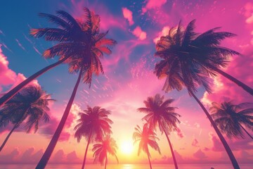 Obraz premium A group of palm trees stand out against a vibrant sunset sky, with shades of orange and pink