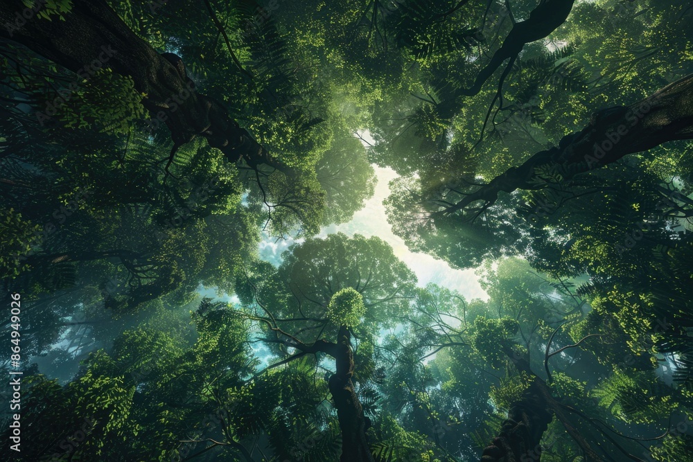 Poster View from below looking up at the tree canopy in a forest with sunlight filtering through