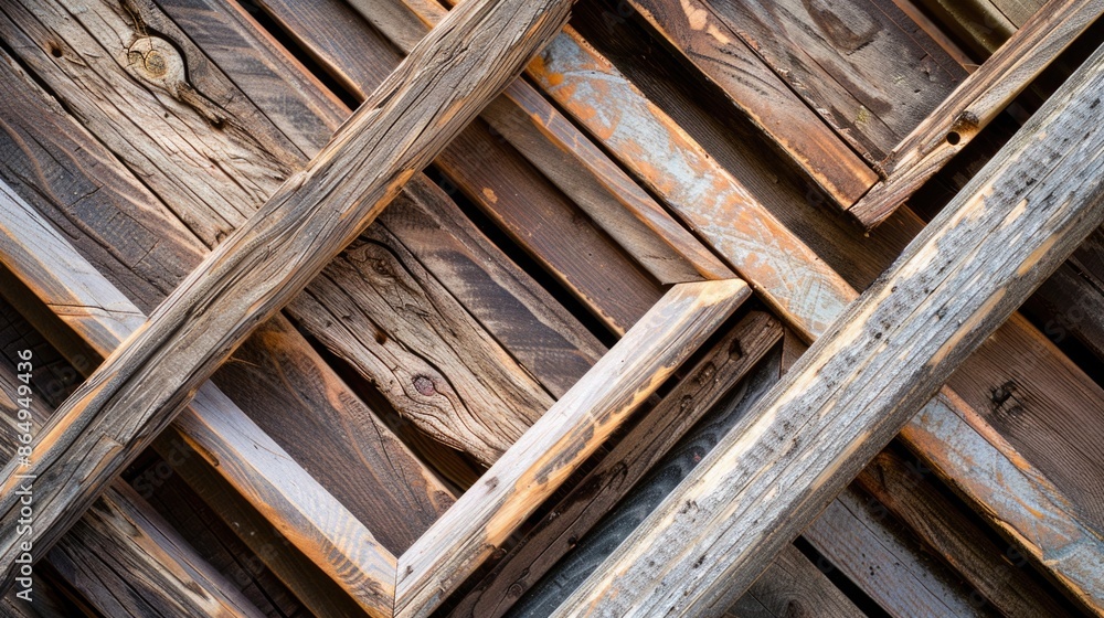 Poster A close-up view of a wooden structure, ideal for use in architecture or construction designs