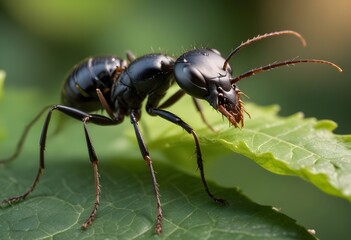 Naklejka premium Ant walking on a leaf close up, macro photo