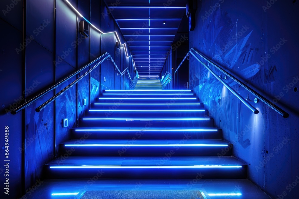 Poster a set of stairs with blue lights inside a modern building