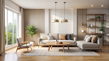 Fototapeta premium Modern living room with minimalist furniture and neutral color palette, interior design, sofa, coffee table, plant, rug