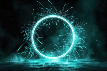 A ring of fireworks in the center of a dark room, creating a burst of colorful light and smoke