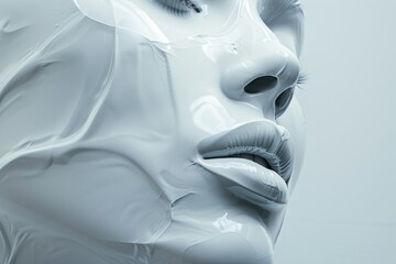White woman face on white background with closed eyes, sensation. Milk waves.