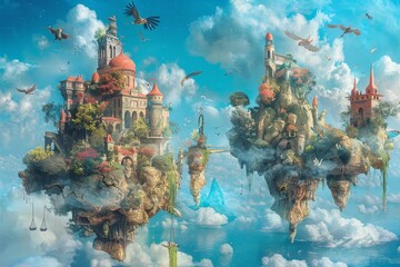 A painting depicting a castle hovering in the sky among clouds and floating islands, A surreal dreamscape with floating islands and surreal creatures