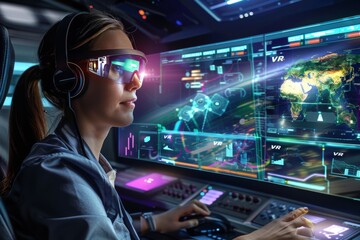 Woman using VR headset in a high-tech control room, highlighting advanced virtual reality technology and interactive digital environments for professional applications.