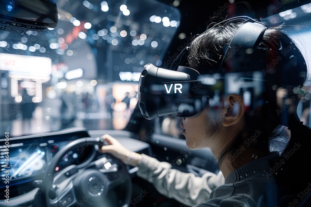 Poster man using vr headset in a high-tech vehicle simulation, emphasizing the advanced virtual reality tec