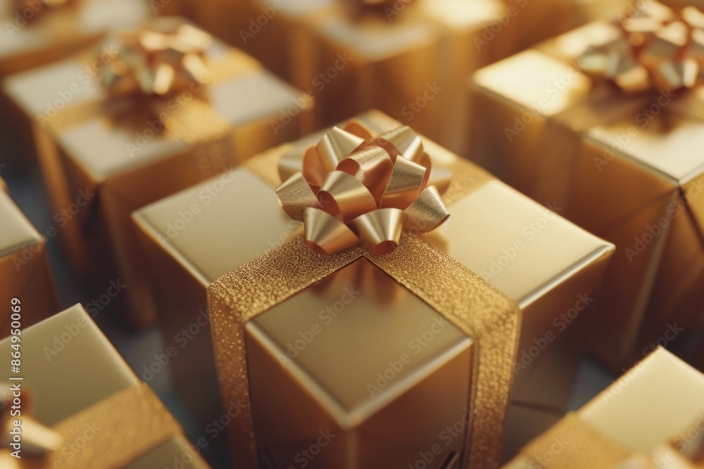 Poster gift boxes filled with gold items and topped with colorful bows, great for various occasions