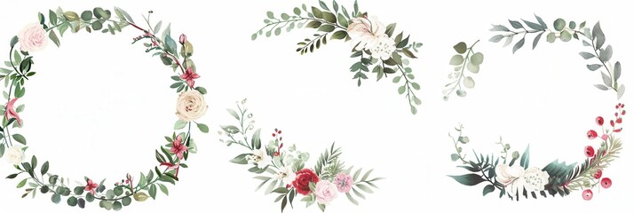 A set of three watercolor floral wreaths, featuring a variety of flowers, leaves, and berries, perfect for wedding invitations and festive celebrations. Generative AI