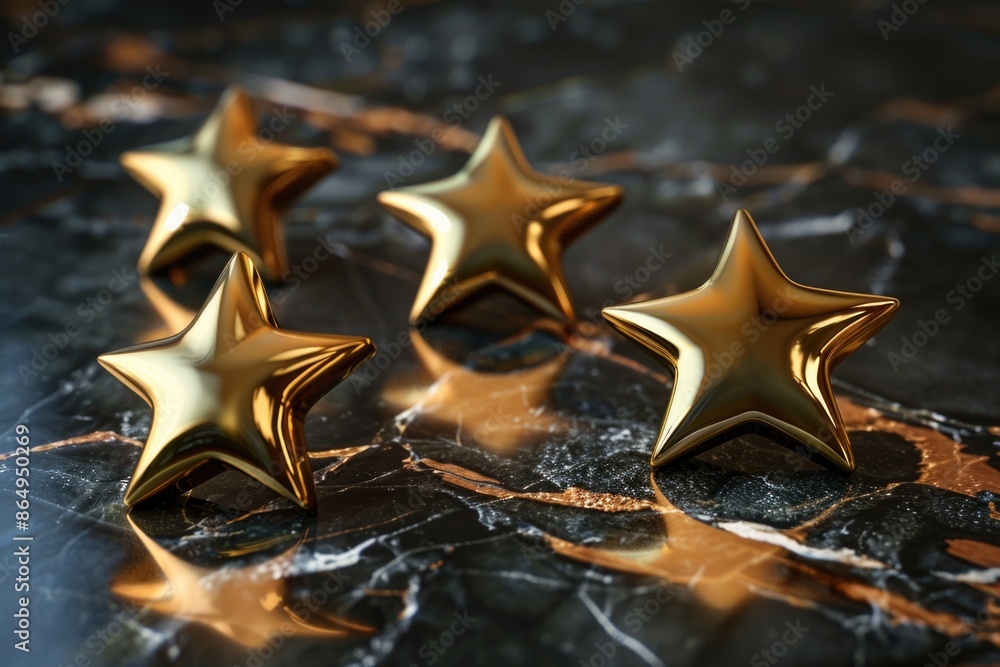 Poster a group of golden stars placed on a table, can be used for decoration or as a symbol in various cont