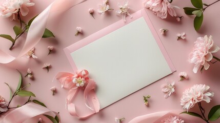 An envelope, ribbon, and flowers are attached to a pastel pink background on a blank paper card. Wedding stationery set, top view