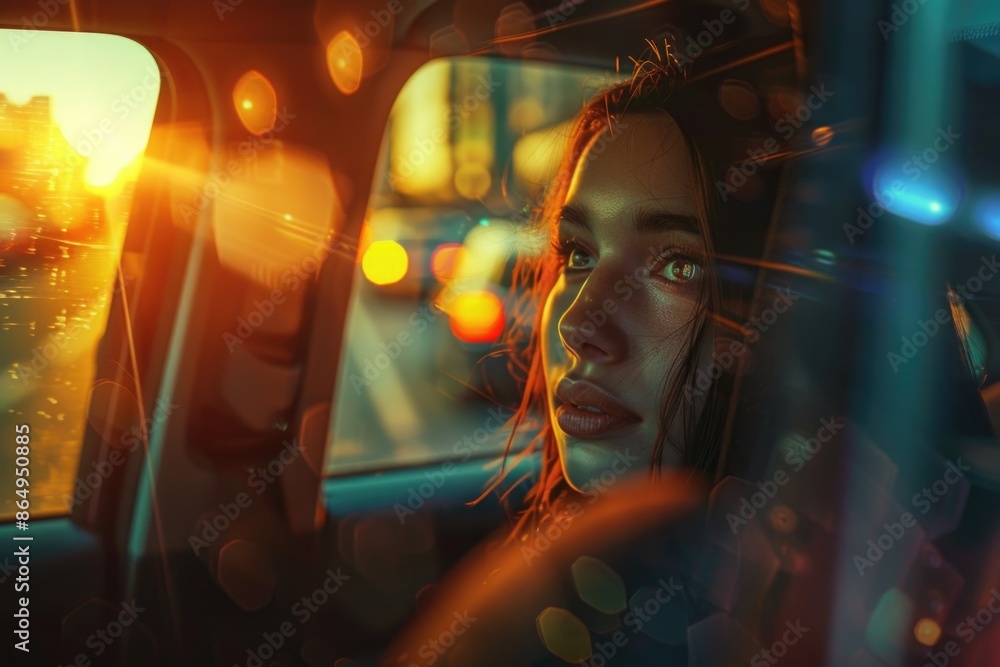 Poster a person sitting in a vehicle looking out the window with a view of the outside world