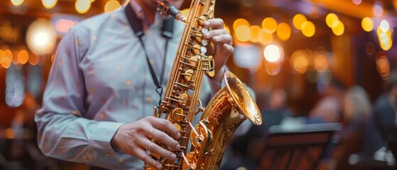 A dynamic shot of a saxophone player in a jazz band The focus is on the saxophone