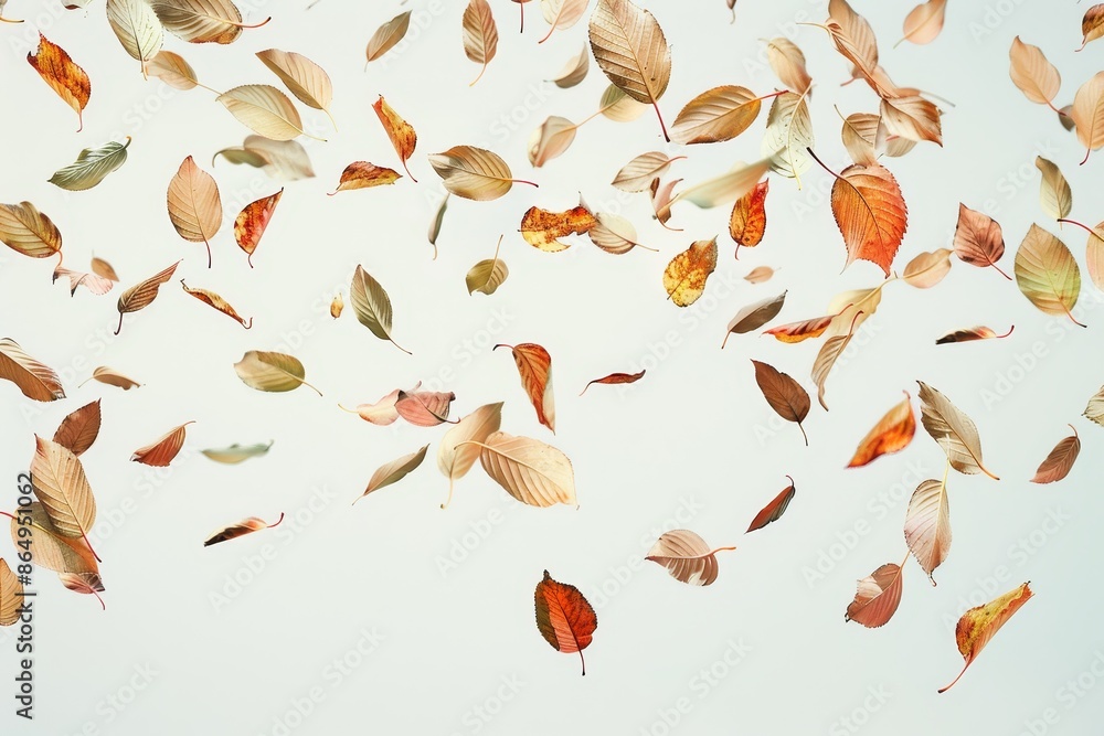 Poster multiple leaves suspended in midair, defying gravity in a surreal display, a surreal image of leaves