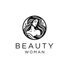 Beautiful Woman Face Logo. Hairdressing, Spa and Aesthetics Business Concept. Modern, Elegant and Luxurious Style. Black and White Color.