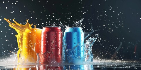 Row of multicolored beverages with water splashing. Diverse drink options concept