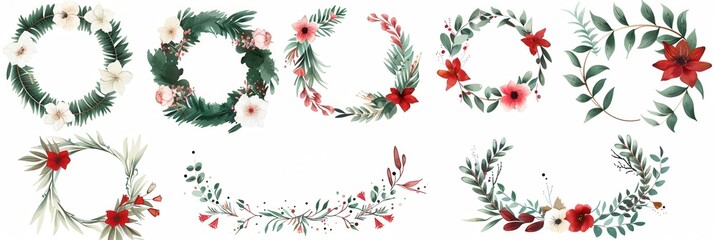 A collection of watercolor floral wreaths with green leaves and red flowers. Perfect for adding a festive touch to wedding invitations or holiday designs. Generative AI