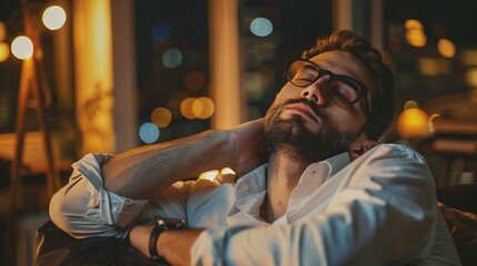 Man falls asleep in an office chair with a laptop on his lap, working late at night in a dimly lit room.