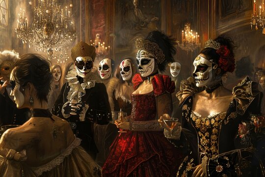 A group of individuals in elaborate costumes and masks, attending a surreal masquerade ball, A surreal interpretation of a masquerade ball with mysterious characters in ornate masks