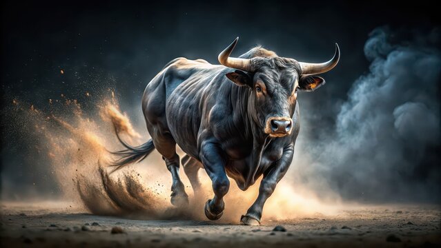 Dirty bull running on a dark background , bull, running, event, Spain, danger, tradition, festival, adrenaline