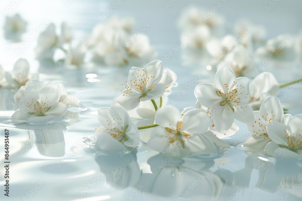 Poster A peaceful scene with white flowers floating on the surface of a calm body of water, suitable for use in backgrounds or as a decorative element