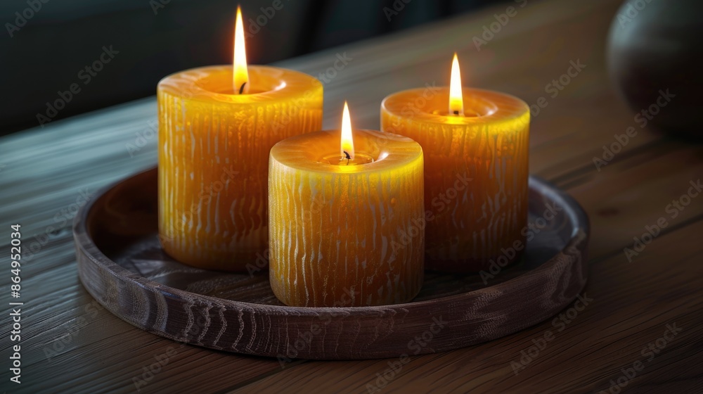 Poster a set of three lit candles placed on top of a wooden tray, ready for use