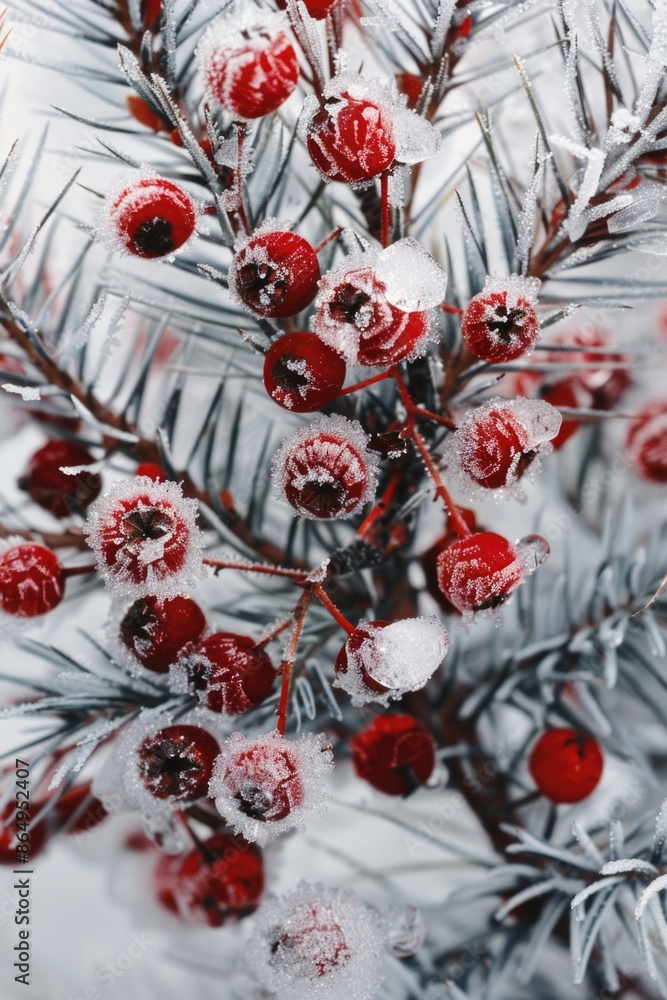 Poster a close-up view of a tree branch covered in snow, perfect for winter scenes or cold weather photogra