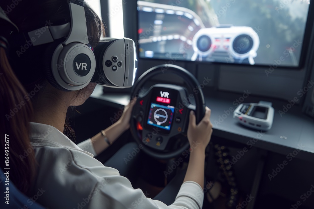 Poster man driving with a vr headset in a high-tech simulation, illustrating advanced virtual reality techn