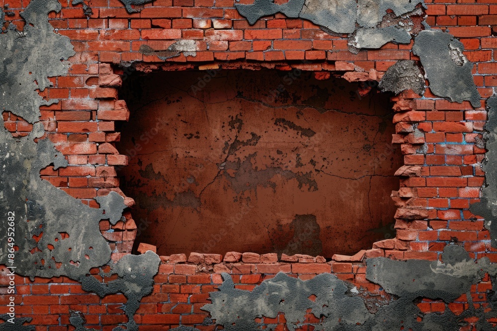 Poster a worn-out brick wall with a hole in it, suitable for use as a background or prop in various scenes