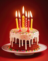 A birthday cake with frosting, decorated with sprinkles, and topped with lit candles