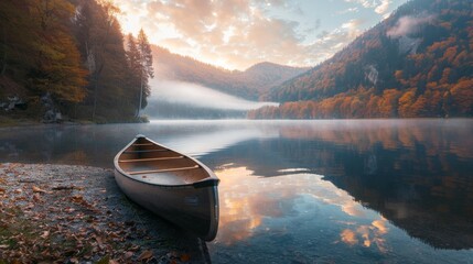 Canoe by Serene Mountain Lake at Sunrise