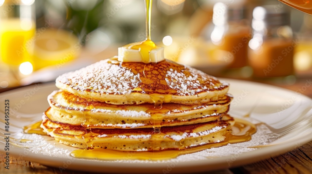Poster crisp golden pancakes drizzled with local honey and dusted with powdered sugar adding a touch of swe
