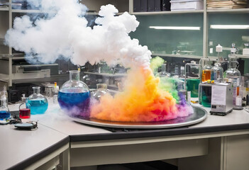 Interior of clean modern white medical or chemical laboratory background. Horizontal template for a poster, webpage or leaflet. Generative AI content