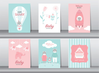 Set of baby shower invitations cards,poster,greeting,template,bear,Vector illustrations