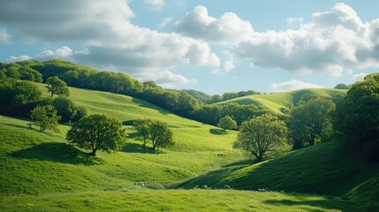 Fototapeta premium Lush green hillside with trees and clouds in the sky