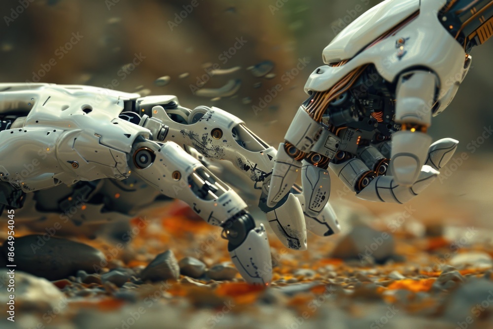 Poster two robot hands touch each other in a close-up shot
